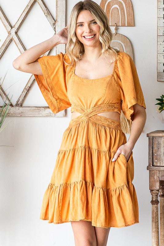 WASHED CROSS CUTOUT TIERED MINI DRESS