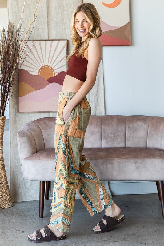 WASHED STAR PATCHWORK MIX MEDIA PANTS