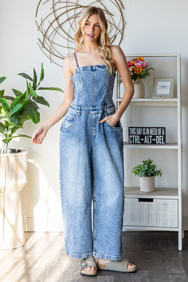 WASHED STRETCH DENIM OVERALLS