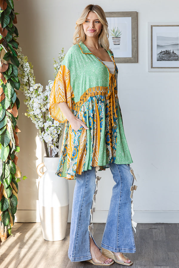 PRINTED MIX KIMONO MINI DRESS