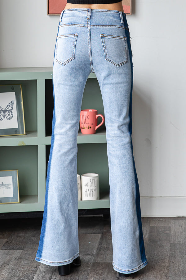 WASHED TWO TONE FLARE DENIM JEANS