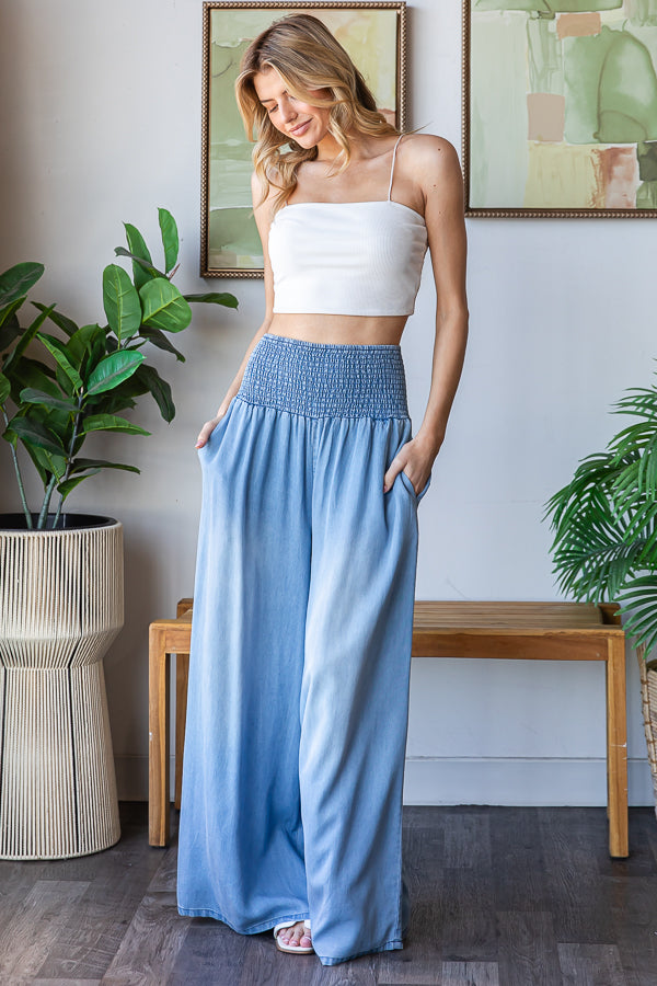 MINERAL WASHED SMOCKED WAIST WIDE LEG CASUAL PANTS