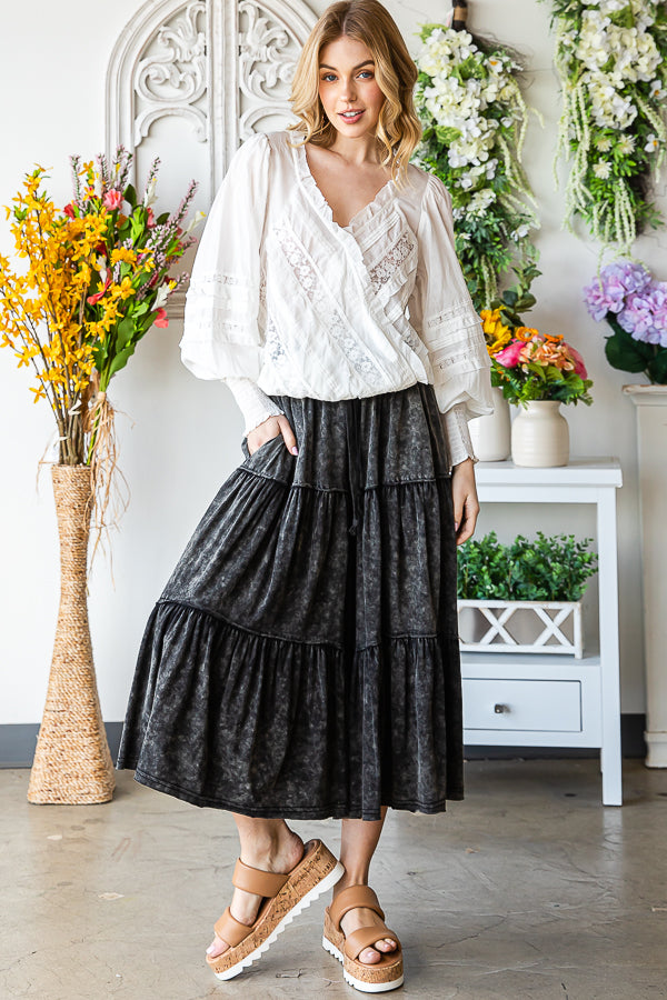 V NECK CROP WRAP SMOCKED CUFFS LONG SLEEVE BLOUSE