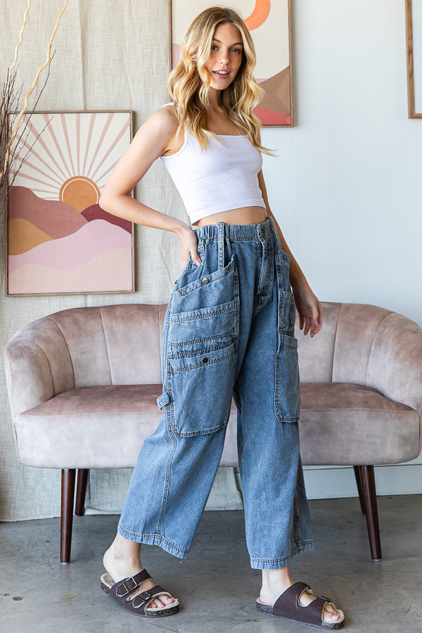 MINERAL WASHED WIDE LEG CARGO DENIM JEANS
