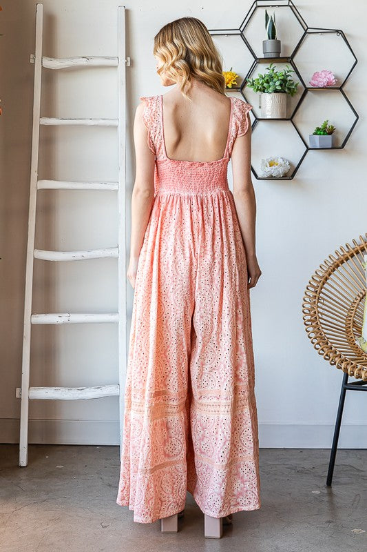 WASHED SMOCKED EYELET SLEEVELESS WIDE LEG JUMPSUIT