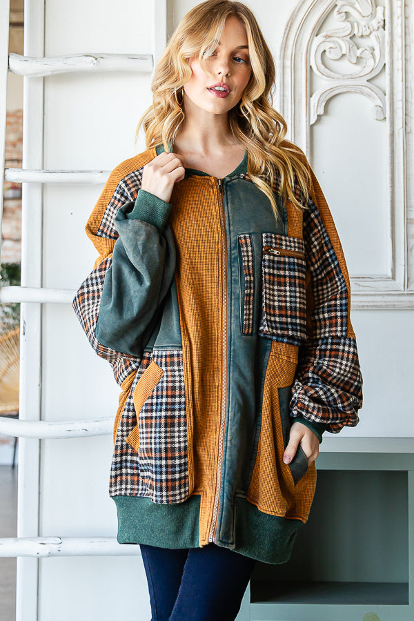 WASHED COLORBLOCK ZIP FRONT BOMBER TERRY JACKET