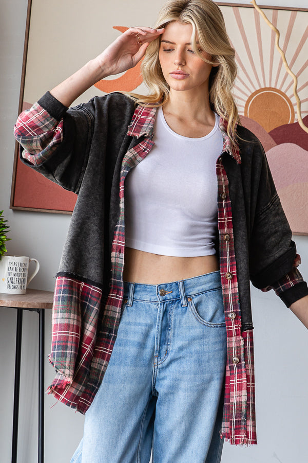 WASHED PLAID CONTRAST MIX MEDIA SHIRT