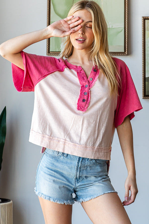 WASHED CONTRAST HENLEY NECK SHORT SLEEVE TEE