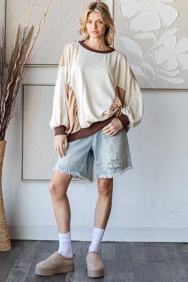 WASHED COLORBLOCK CINCHED DETAIL PULLOVER TOP