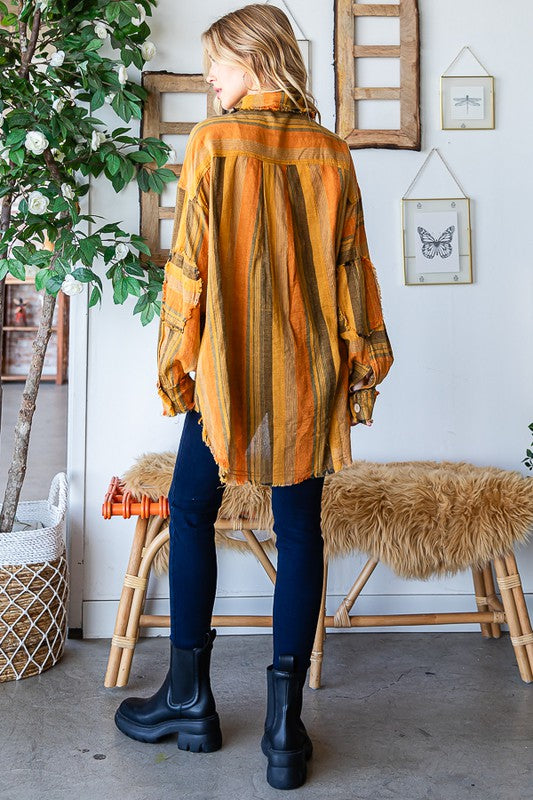 WASHED MIXED STRIPE FRAYED DETAIL SHIRT