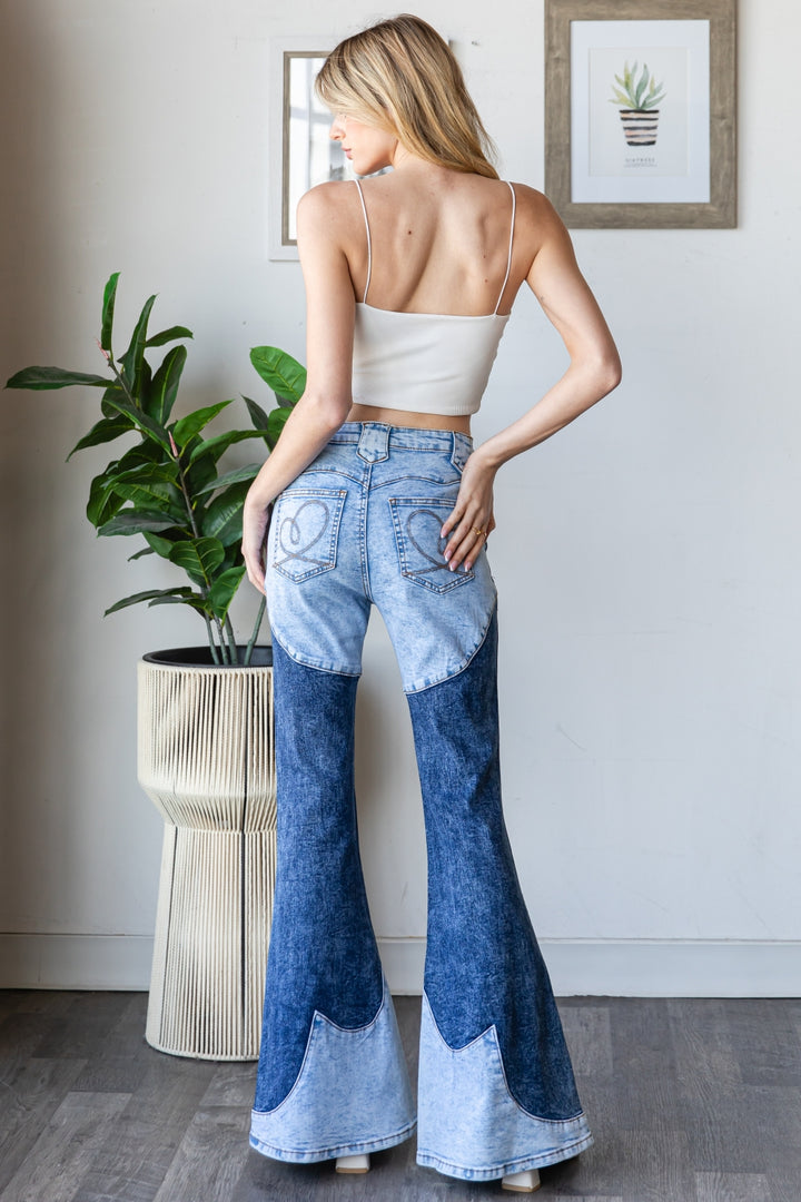 TONAL WASH COLOR BLOCK BOOTCUT DENIM JEANS