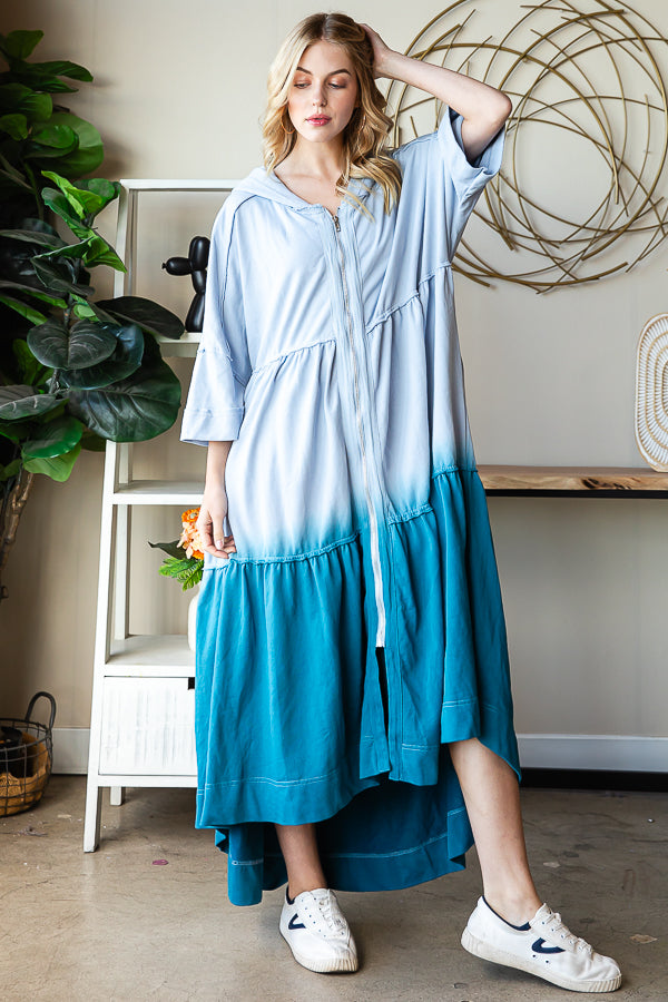 DIP DYE SHORT SLEEVE HOODED ZIP UP LONG CARDIGAN
