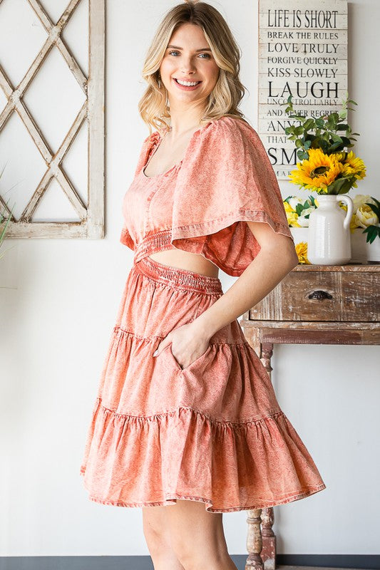 WASHED CROSS CUTOUT TIERED MINI DRESS