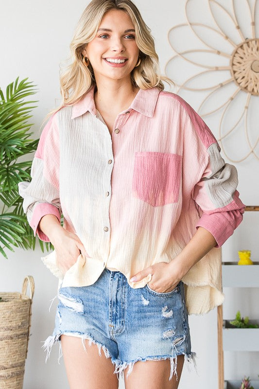 WASHED COLORBLOCK BUTTON DOWN SHIRT