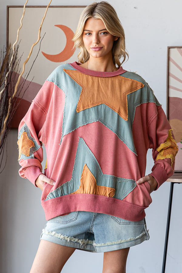 MINERAL WASHED STAR PATCHWORK PULLOVER TOP