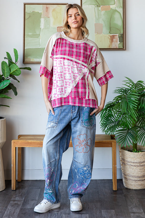 WASHED PRINTED MIX MEDIA SHORT SLEEVE TOP