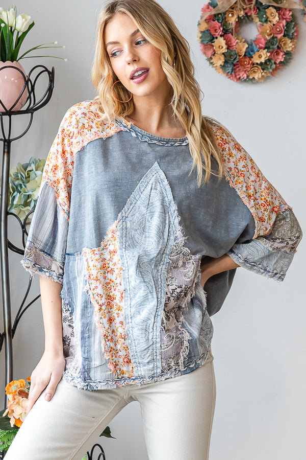 WASHED PRINT PATCHWORK SHORT SLEEVE TOP