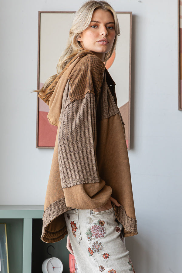 WASHED HENLEY NECK COLORBLOCK TOP HOODED TOP