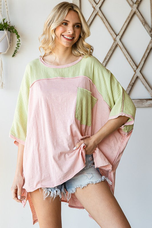 WASHED COLORBLOCK FRONT POCKET OVERSIZED BOX TEE
