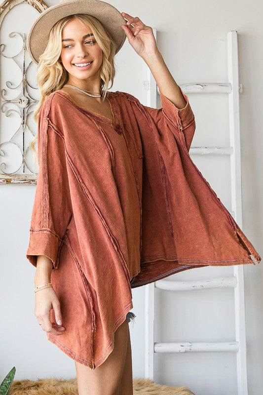 WIDE V NECK ASYMMETRICAL HEM OVERSIZED TOP