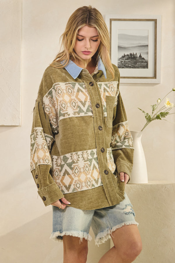 WASHED AZTEC PRINTED MIXED BUTTON DOWN SHACKET