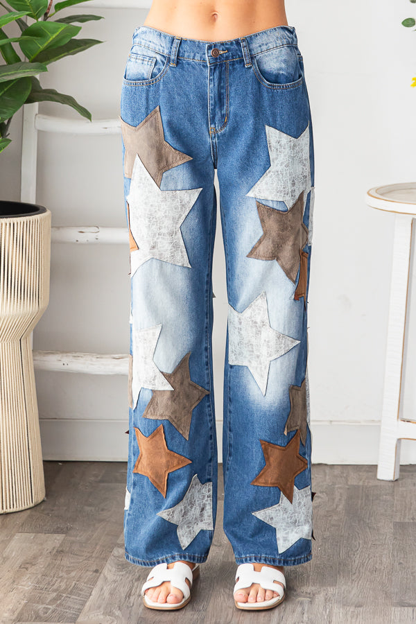 WASHED PU LEATHER STAR PATCHED JEANS