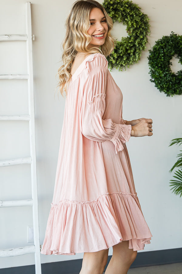 WASHED SCOOP NECK RUFFLE HEM BABYDOLL DRESS