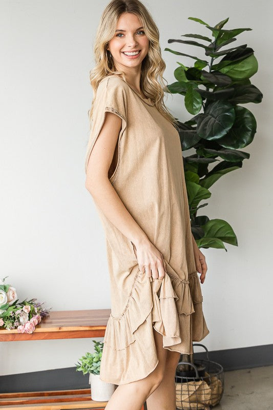 WASHED RUFFLE HEM SHORT SLEEVE TUNIC DRESS