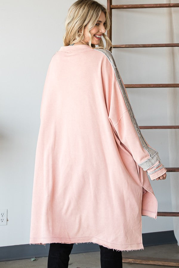 WASHED WIDE V NECK CONTRAST DETAIL TUNIC TOP