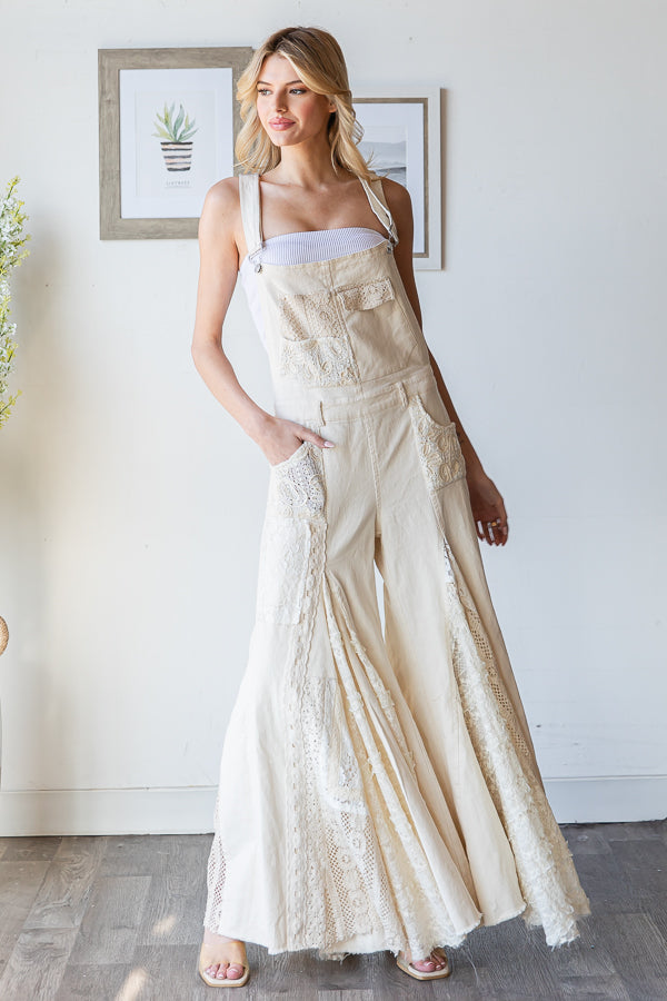 MULTI LACE PATCHWORK WIDE LEG OVERALLS