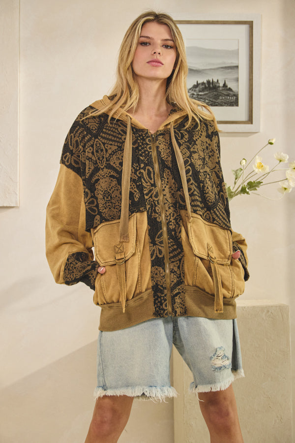 WASHED PRINTED PATTERN CONTRAST HOODED JACKET