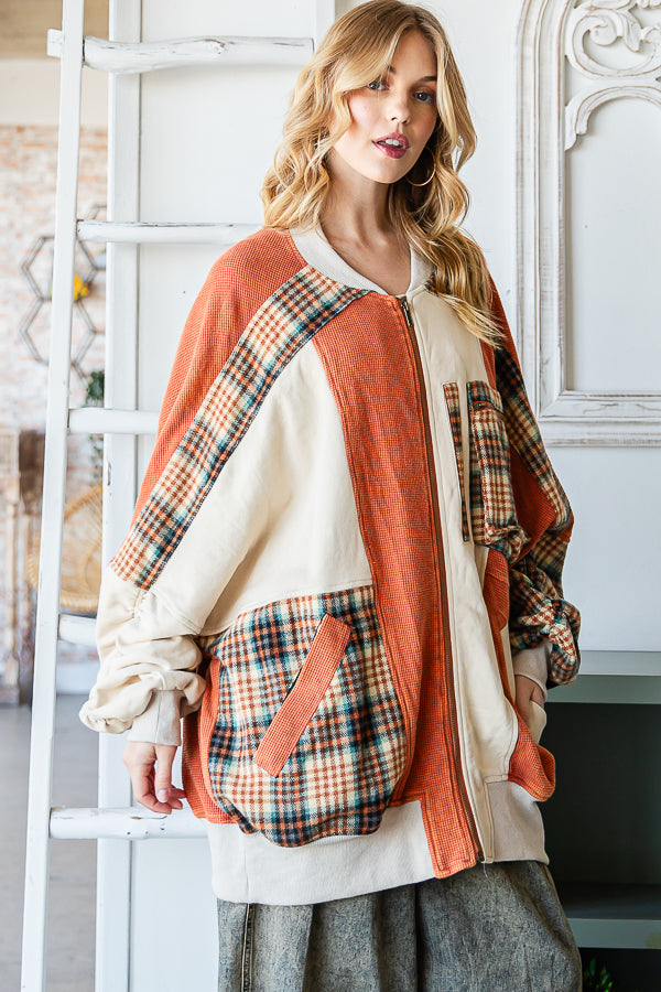 WASHED COLORBLOCK ZIP FRONT BOMBER TERRY JACKET