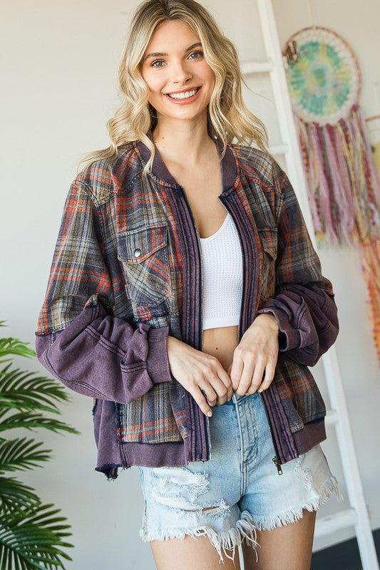 WASHED MIXED MEDIA PLAID ZIP FRONT JACKET