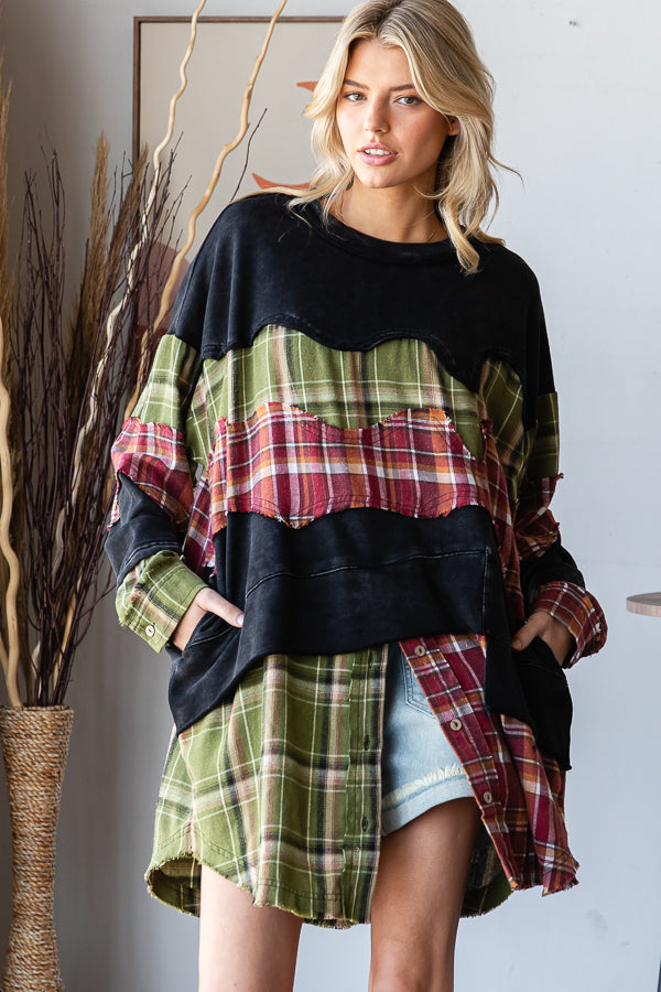WASHED PLAID PATCHWORK TUNIC LONG SLEEVE TOP
