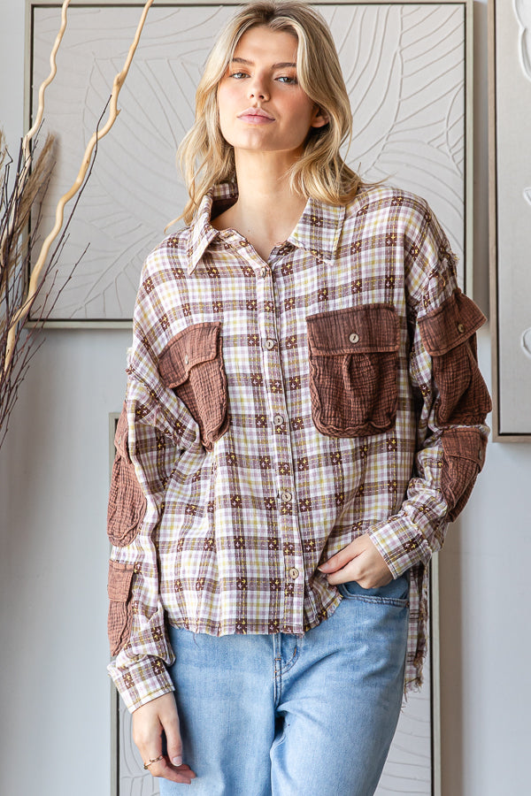 WASHED PLAID CONTRAST 3D POCKETS BUTTON DOWN SHIRT